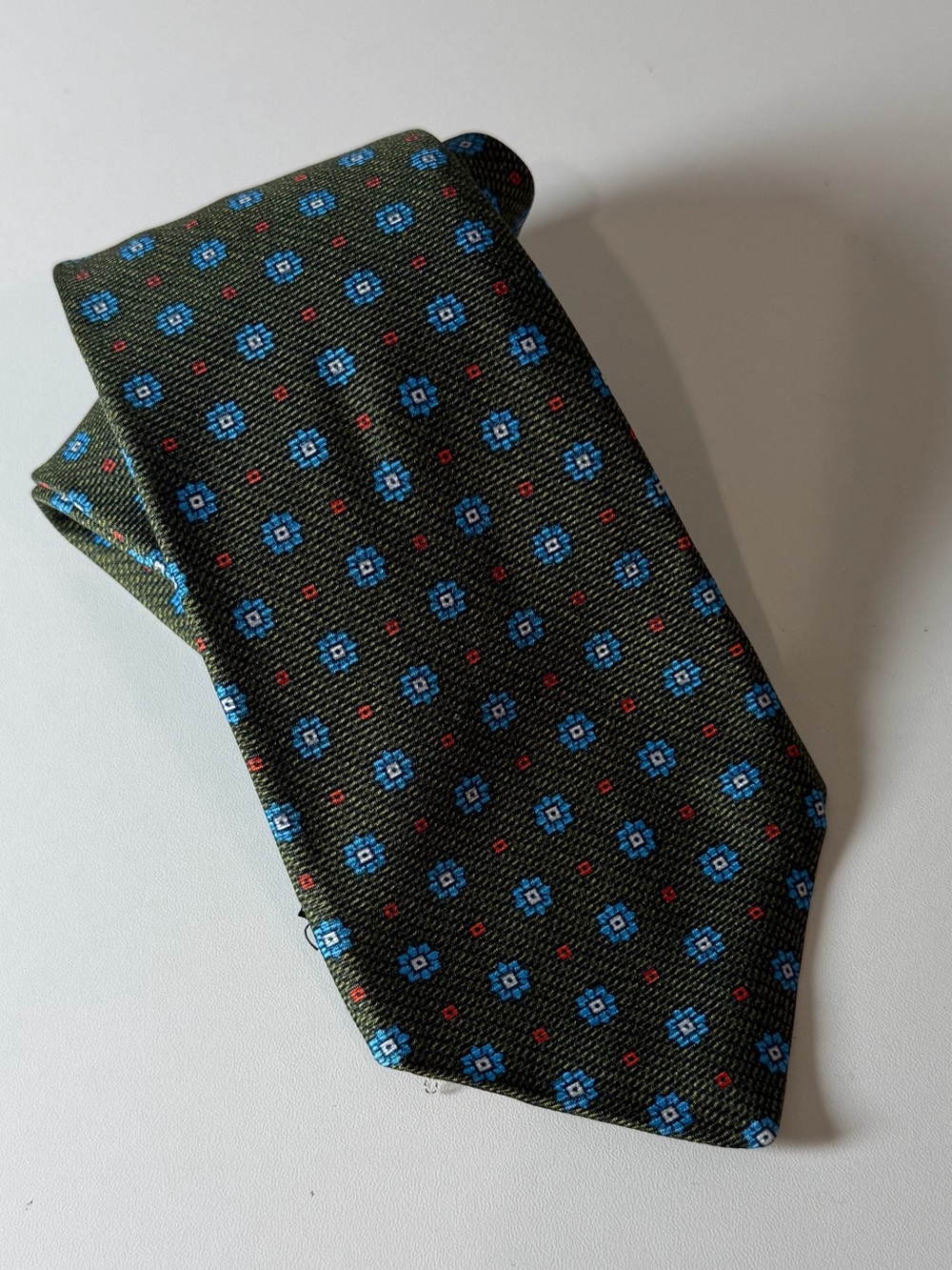 Kiton Olive Green Silk Tie with Blue Medallion Pattern and Red Dots Italy